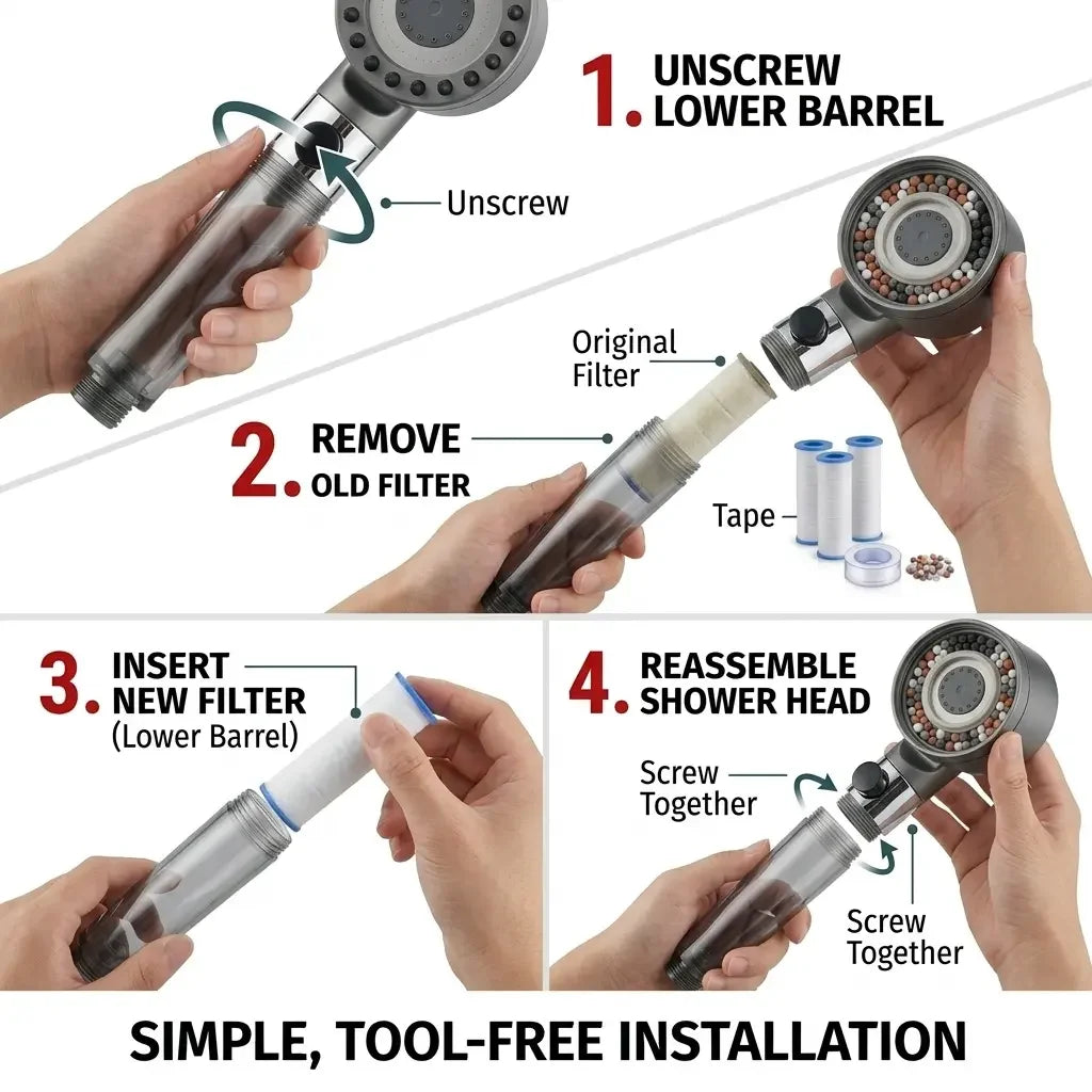 Easy 4-step filter replacement for chlorine-removing showerhead – unscrew, remove, insert, reassemble