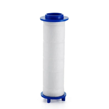 White cylindrical shower filter cartridge with blue top and base, designed to remove chlorine and impurities for softer skin