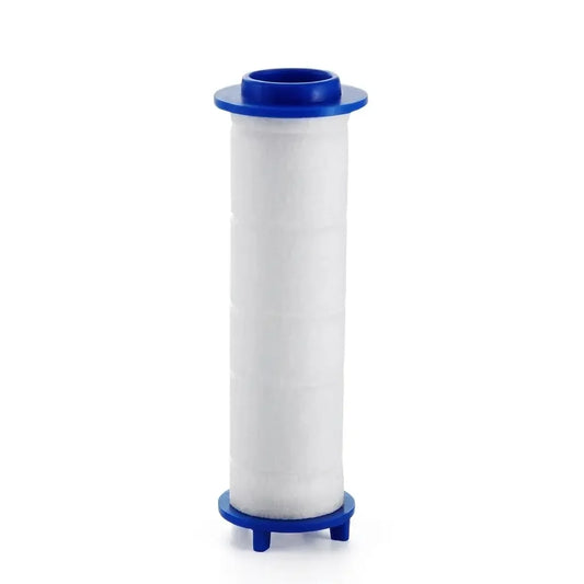 White cylindrical shower filter cartridge with blue top and base, designed to remove chlorine and impurities for softer skin