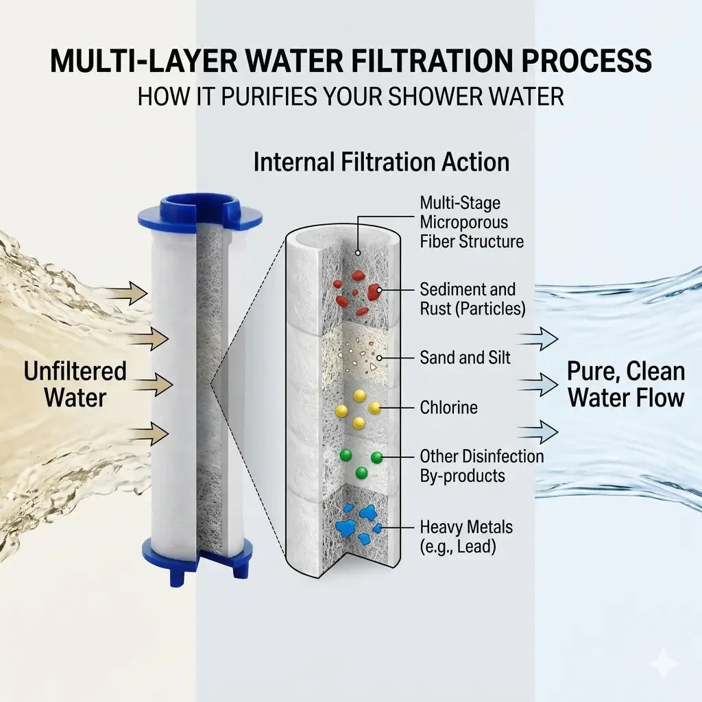 Multi-layer shower filter removes chlorine, heavy metals, sediment for pure, clean water flow